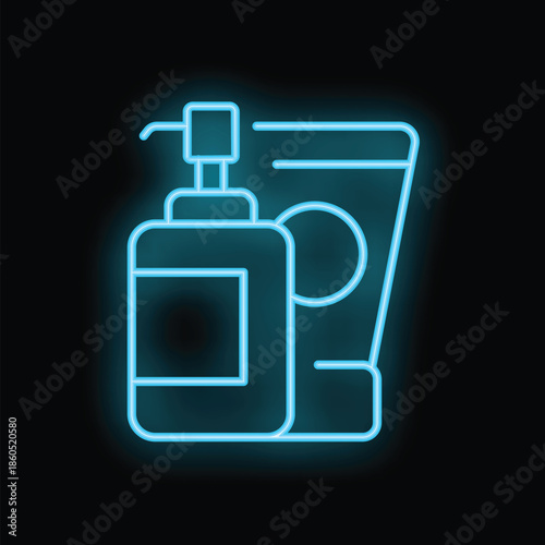 Bright blue neon sign depicting two bottles of cosmetic products, potentially for body lotion or soap