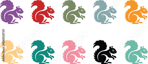 Stylized squirrels in a grid of two rows and five columns, Colorful squirrel icon set organized pattern