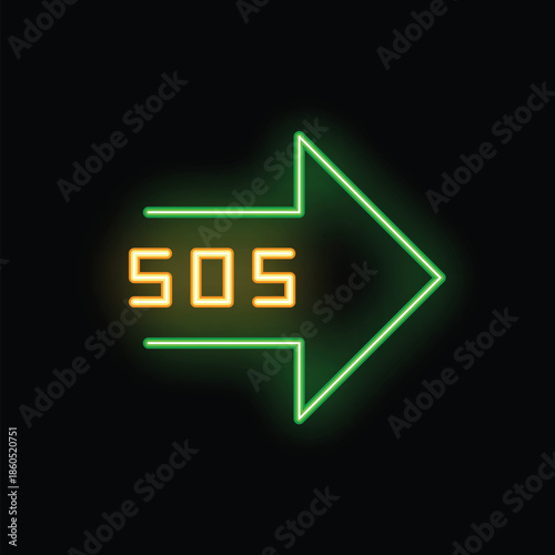 Green neon arrow pointing right with sos signal inside on a black background