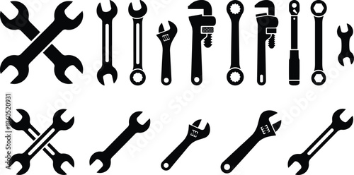 Wrench, spanner, silhouette, set, mechanical, tool, collection, for, repair, maintenance, workshop, hardware, service, industry, engineering, construction, vector, technical, equipment, icons,