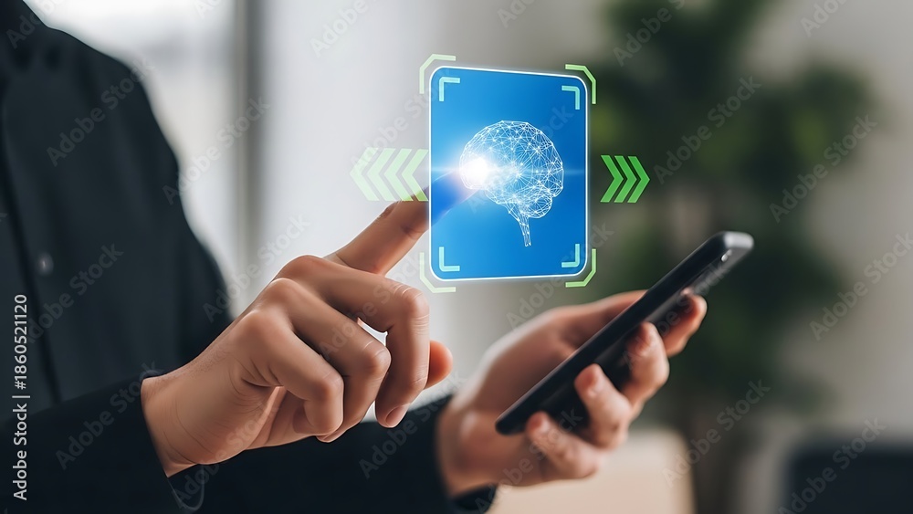 Fototapeta premium Person Using Smartphone with Brain Scan and AI Interface Hologram