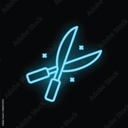 Bright blue neon sign depicting gardening shears, isolated on a black background