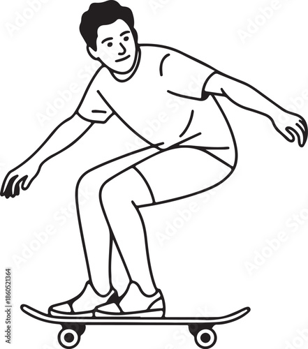 Teen Boy Riding Skateboard Line Art, Coloring Book Page Vector Illustration