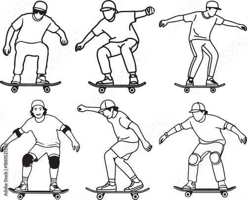 Set of Teen Boy Riding Skateboard Line Art, Coloring Book Page Vector Illustration