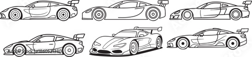 Set of Vintage Race Car Line Art, Retro Coloring Book Page Illustration
