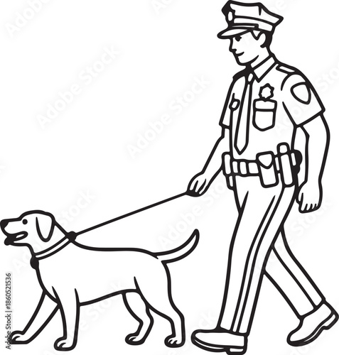 Police Officer Walking Loyal Dog Line Art, Coloring Book Page Vector Illustration	