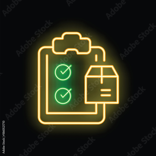 Neon sign representing inventory management with clipboard showing validation checks and a cardboard box, on a dark background