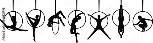 Aerial hoop yoga silhouettes set, aerial fitness acrobat poses strength balance flexibility wellness black vector illustration collection