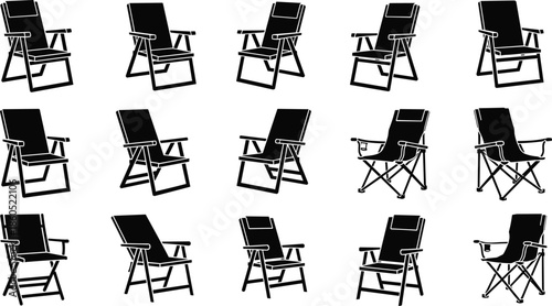 Beach chair silhouette vector set, folding camping furniture collection, outdoor deck seat icons, garden lounge shapes, summer vacation graphic elements.