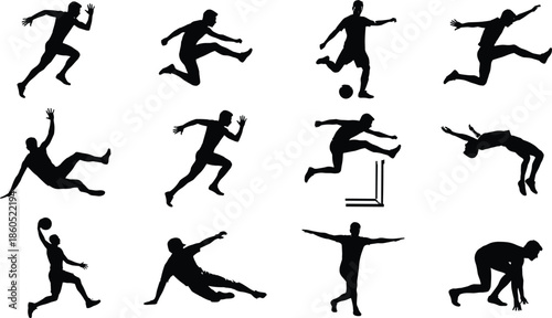 Athletic sports silhouettes collection, dynamic male athlete actions, running jumping kicking poses, fitness training motion icons isolated vector set