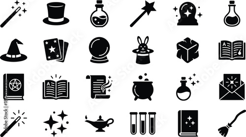 Magic and wizard icon set in solid black style, fantasy spell potion mystical symbols graphic collection design
