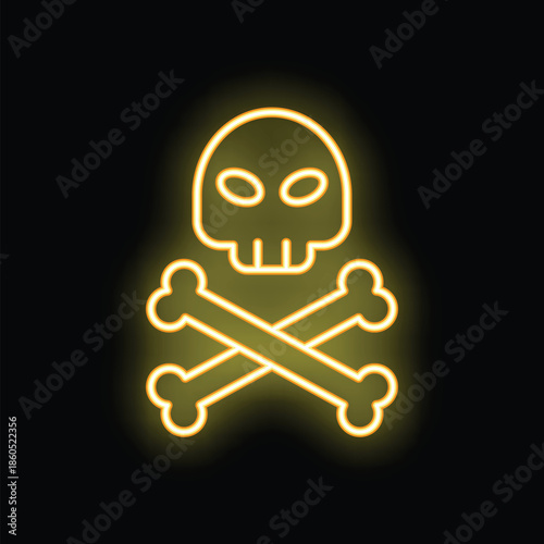 Yellow neon sign depicting a skull and crossbones glowing on a black background