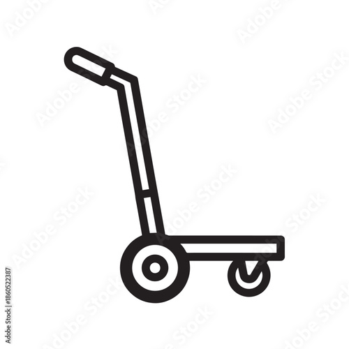 Simple handheld handtruck with wheels and handle used for moving boxes and crates.