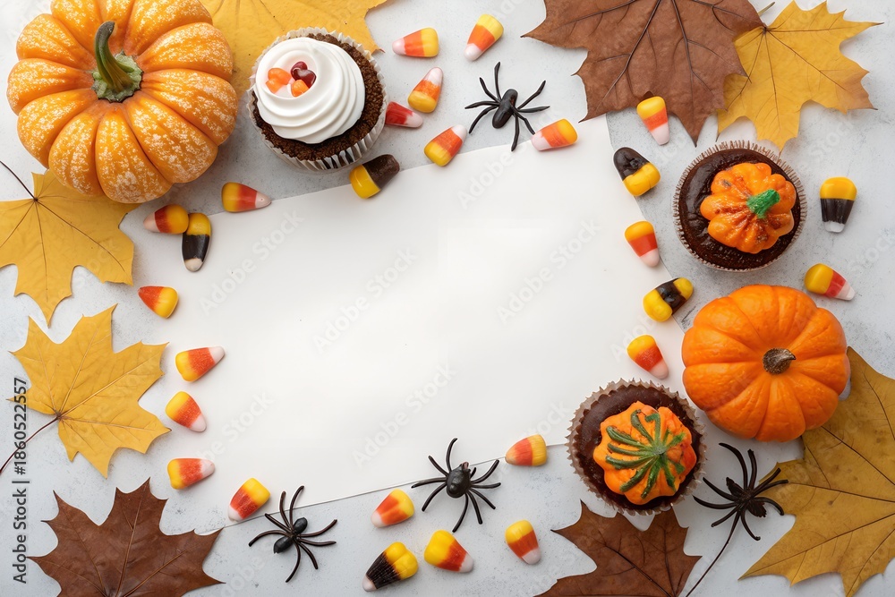 Obraz premium Delicious Halloween treats featuring frosted cupcakes, small orange pumpkins, colorful candy corn, and autumn leaves surrounding a blank white copy space.