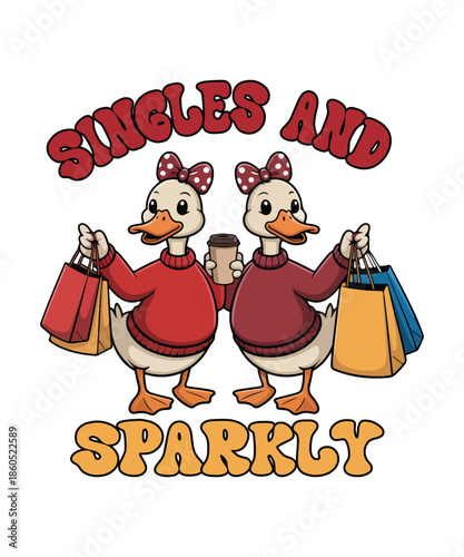 Funny Goose Friends with Shopping Bags and Coffee Illustration