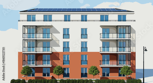 Modern apartment building with rooftop solar panels glass balconies and street landscape for sustainable urban residential real estate illustration