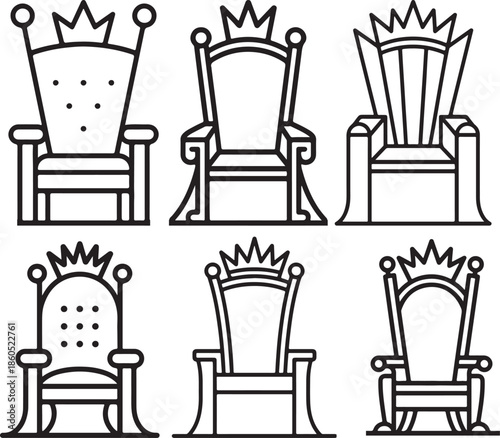 Set of King’s Throne Chair Line Art, Coloring Book Page Vector Illustration