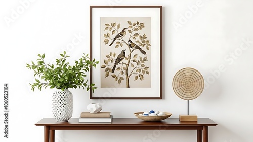 Modern home decor with framed art, green plants, and decorative objects on wooden table against white wall