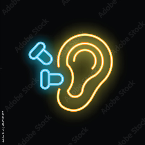 Neon ear protection icon showing earplugs protecting hearing with glowing effect on black background