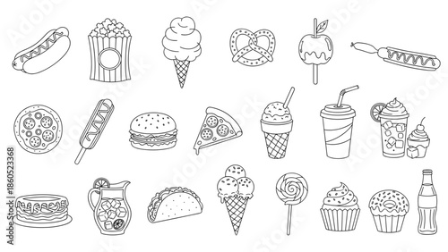 Line drawing collection of various desserts and sweet treats