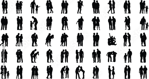 Family and couple silhouette collection, black vector design, hugging, walking, playing poses, relationship icons, parent child interaction, isolated graphic