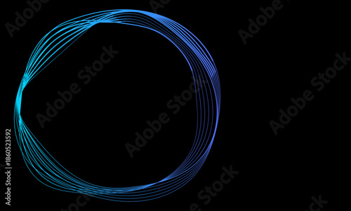 Vibrant blue glowing lines form an abstract, dynamic circular frame against a deep black background, suggesting futuristic technology and digital innovation concepts.