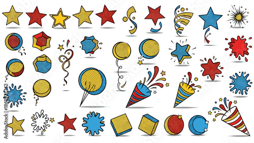 Collection of party and celebration icons including stars and balloons