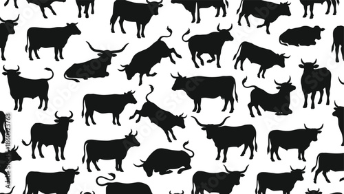 Bull silhouettes seamless pattern, black cattle livestock poses, farm animal background, repeating ranch texture, agriculture design illustration