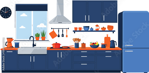Modern domestic kitchen interior illustration with blue cabinets orange countertops sink stove refrigerator and window for home interior design