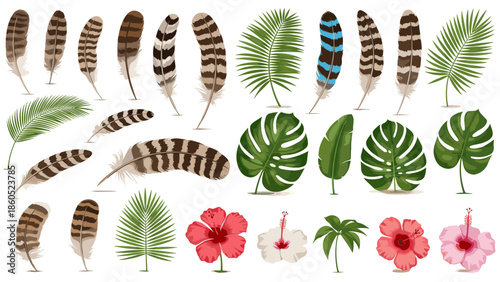 Collection of various tropical leaves and hibiscus flowers