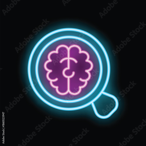 Glowing neon sign of a brain inside a coffee cup mug, representing coffee boosting brain power