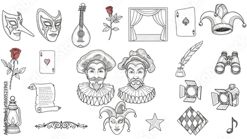 Collection of vintage clown and magician character sketches and props