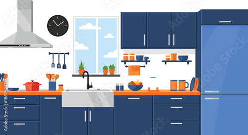 Modern domestic kitchen interior illustration with dark blue cabinets orange countertops farmhouse sink and professional stove range hood