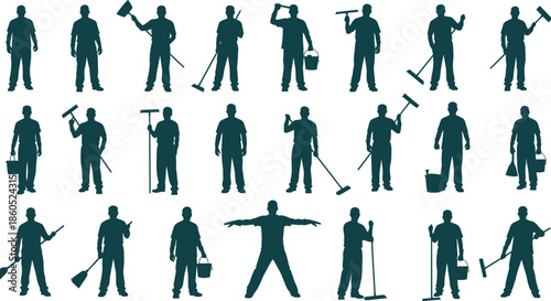 Cleaning worker silhouette collection, janitor poses vector set, black design, sanitation tools, mop bucket icons, isolated graphic, minimal layout