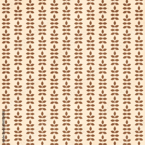 Seamless vertical stripe pattern with brown leaf motifs on soft beige background. Elegant and classic botanical design for wallpapers and fabrics.