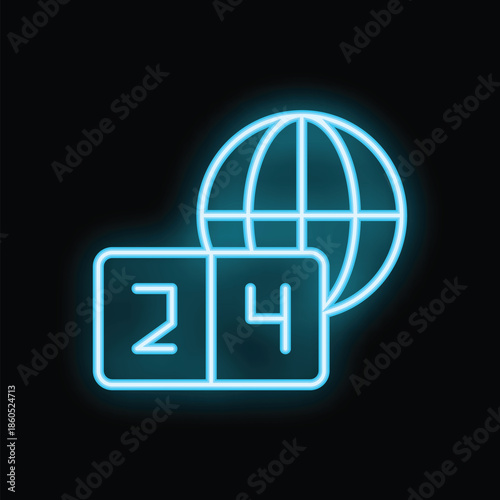 Blue neon icon of a calendar showing 24 hours and a globe symbolizing global availability