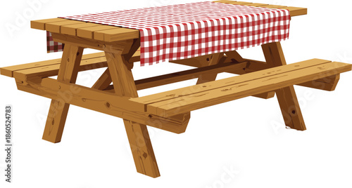Wooden Picnic Table Illustration with Benches and Checkered Tablecloth in Flat Cartoon Style for Outdoor Park Garden and Summer Recreation Projects