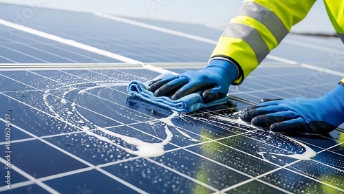 Technician cleaning solar panel