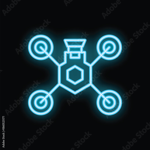 Glowing neon blue drone icon on a black background, symbolizing cutting edge technology and the future of unmanned aerial vehicles
