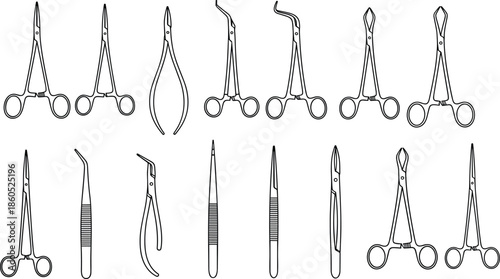 Set of black line art surgical instrument icons, vector illustration of medical scissors, forceps, tweezers, doctor equipment, healthcare and medicine.