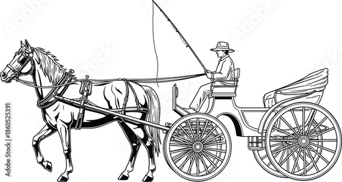 Horse drawn carriage illustration showing coachman driving vintage transport isolated black vector artwork for historical travel tradition concept design