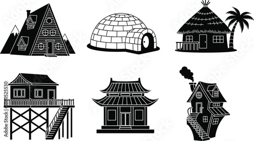 Traditional and unique houses silhouettes showing global architecture styles isolated black vector illustration for housing culture travel concept design inspiration