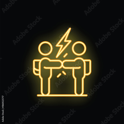 Neon sign showing two businessmen fighting and pushing each other with a lightning bolt in the middle representing the tension