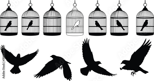 Bird cages and flying birds silhouettes set showing freedom captivity contrast isolated black vector illustration for nature symbolism concept design