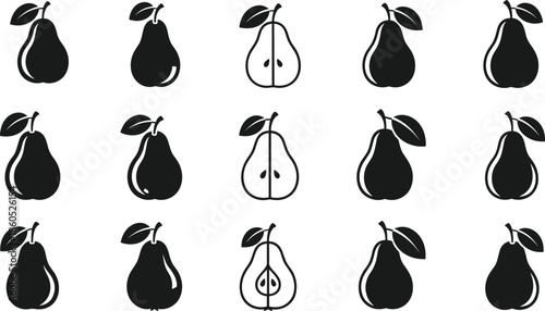 Set of black silhouette and outline pear icons, fresh fruit with leaf, whole and half slice cut, vector graphic for food and healthy eating.
