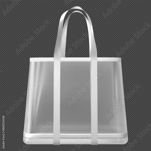 Transparent tote bag with hanging handles, white shopping pouch with straps, plastic handbag with hooks vector mockup