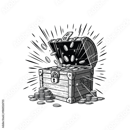 Ancient Treasure Chest bursting with Coins and Gold.