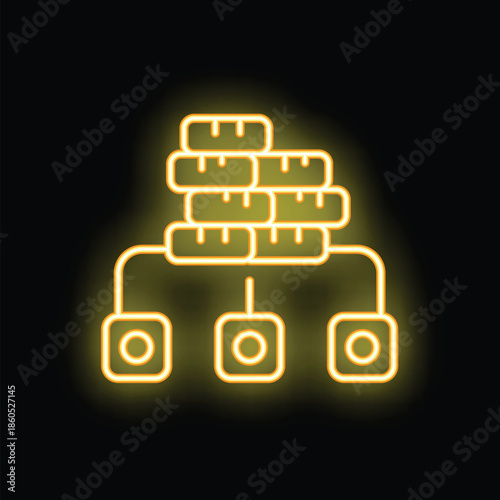 Glowing yellow neon sign of database distributing information to multiple devices on a black background