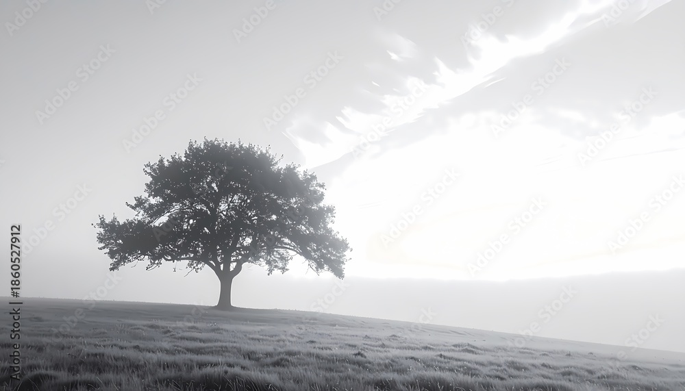 Obraz premium Solitary Tree on a Hillside in a Misty Overcast Landscape.