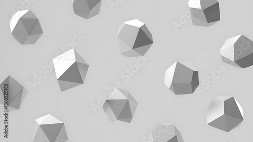 Abstract pattern of floating white geometric polyhedrons creating a minimalist three dimensional background texture design